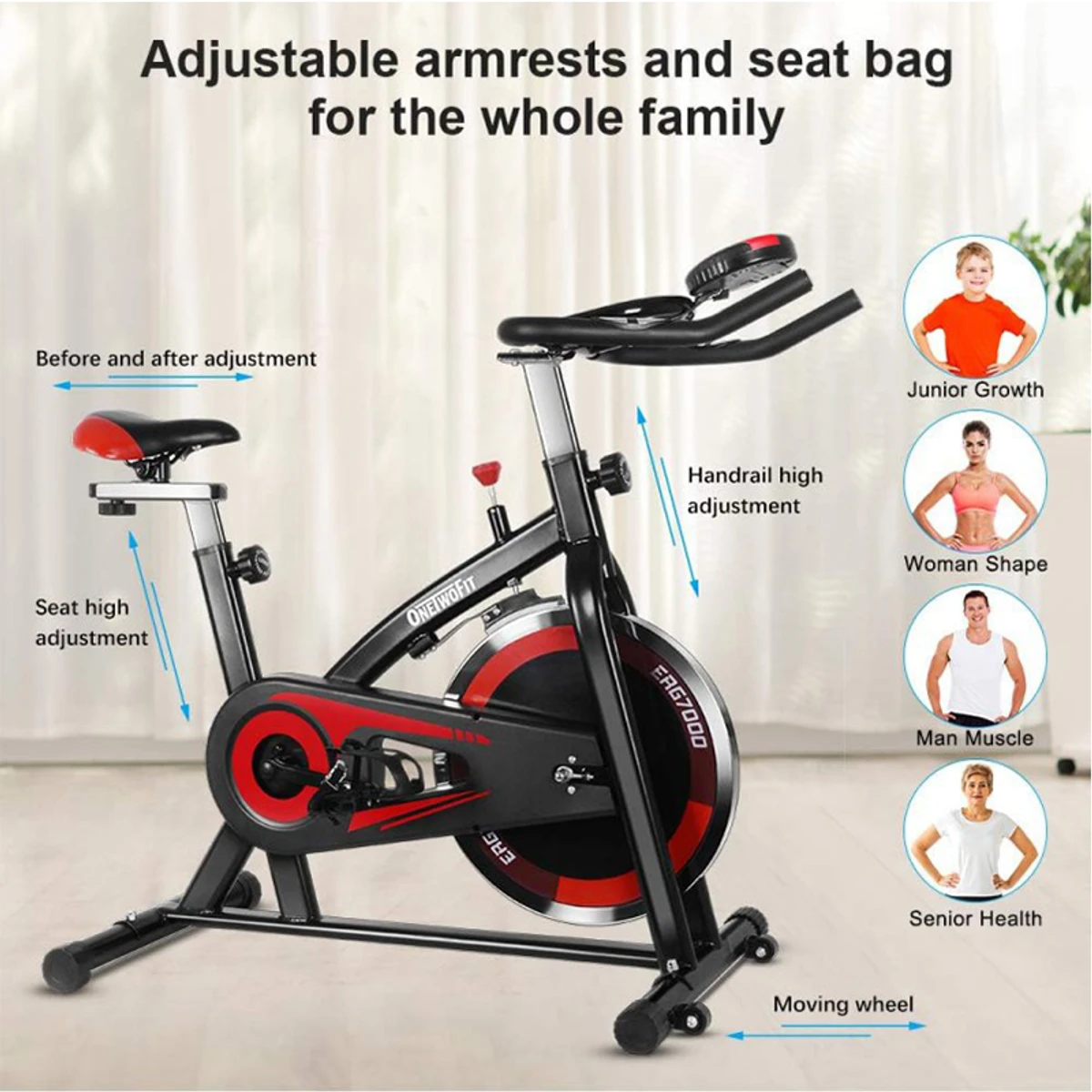 OneTwoFit Indoor Cycling Exercise Bike with Adjustable Handlebars & Seat, 16KG Flywheel Resistance - Thumbnail 3